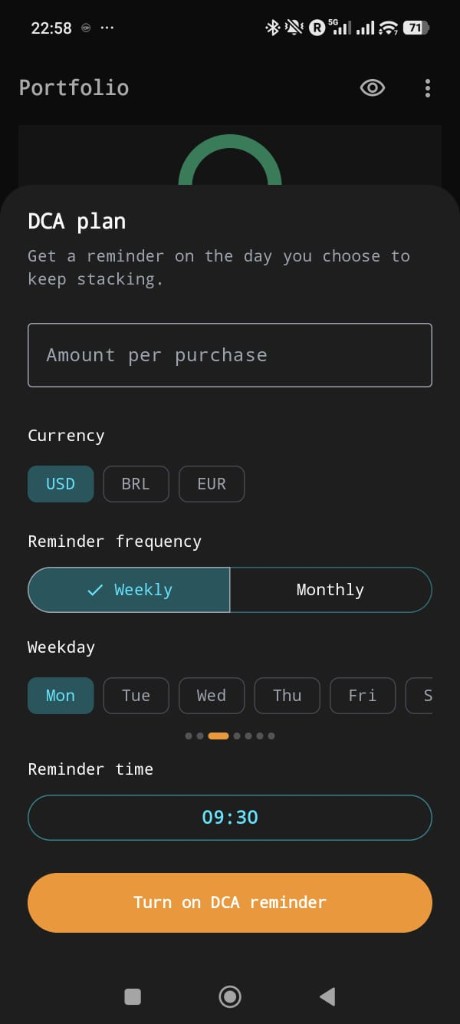 DCA plan reminder setup in HeySats